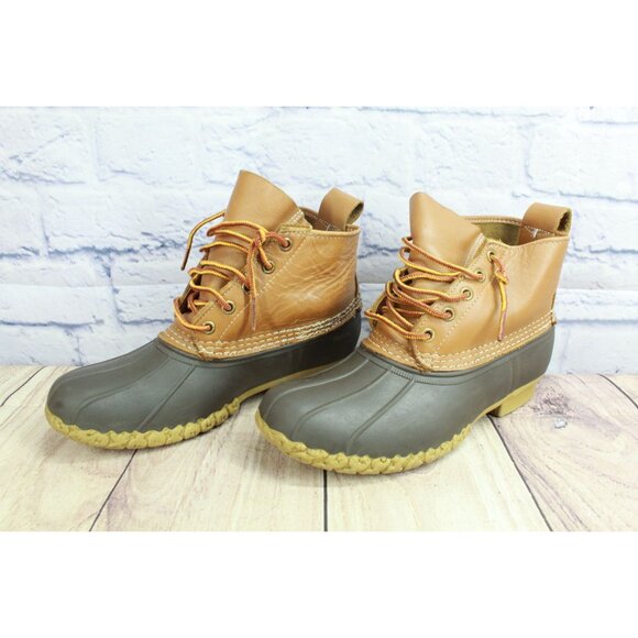 LL Bean Brown Leather Lace Up Round Toe Unlined Ankle Duck Boots Size 8 - Picture 2 of 10